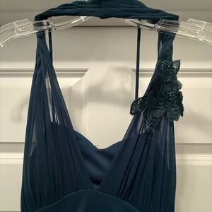 City Triangles Navy Blue Chiffon Prom Dress with Floral Applique